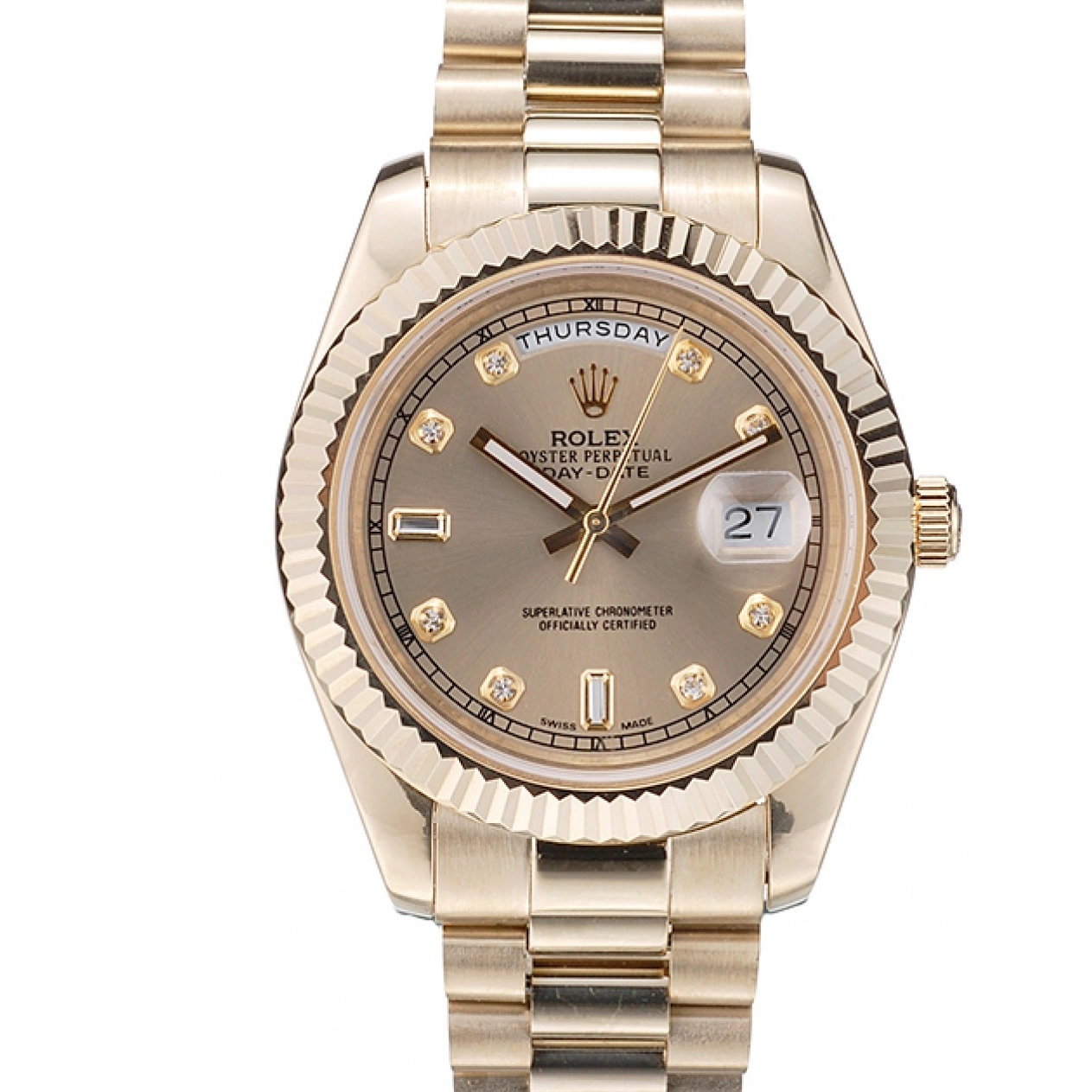 Aaa replica watch Swiss Gold Gold Ribbed DayDate Dial 41997 Rolex Stainless Steel Bezel 1028